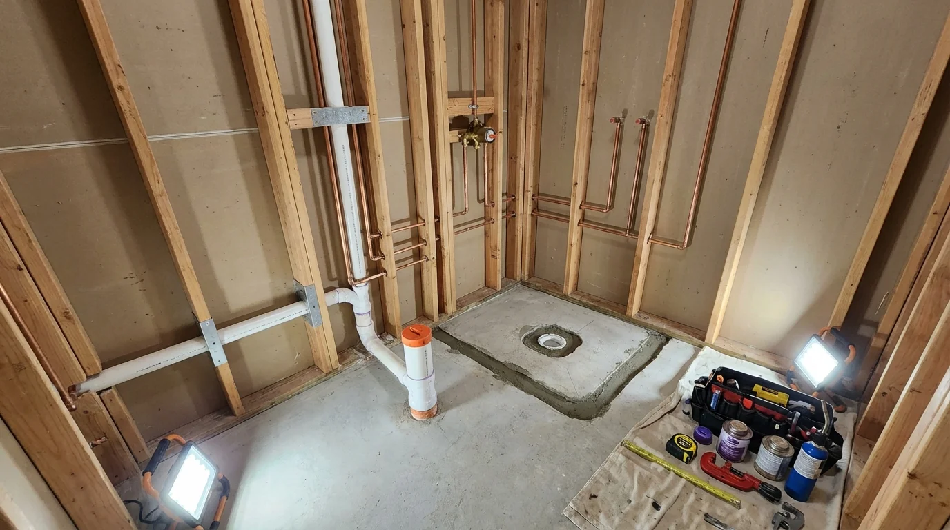 Bathroom rough-in plumbing during remodel by Johns Plumbing LLC in Pascoag