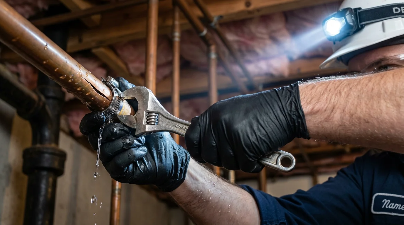 Emergency pipe clamp repair being performed by a Johns Plumbing LLC plumber in Pascoag