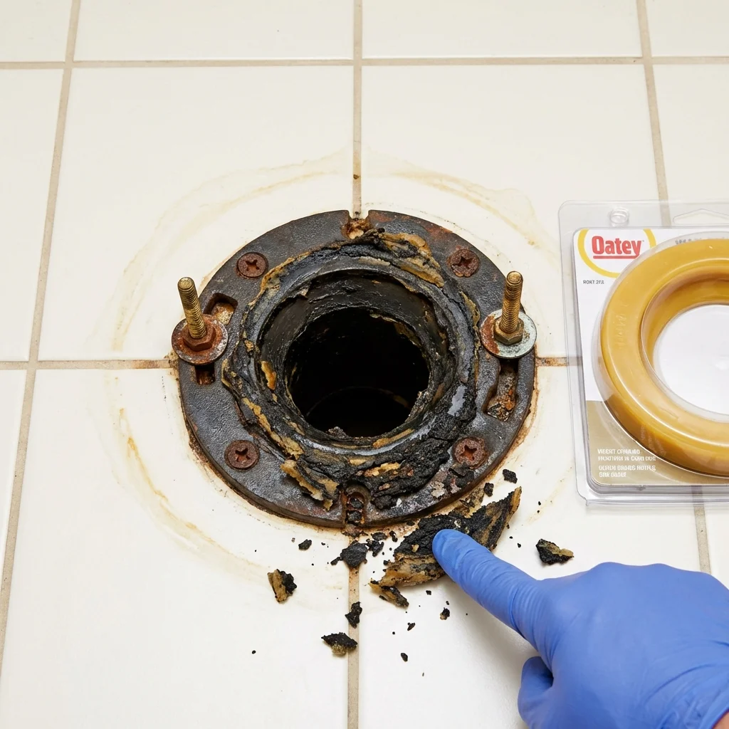 Failed wax ring showing water seepage at the base of a toilet in a Pascoag, RI home