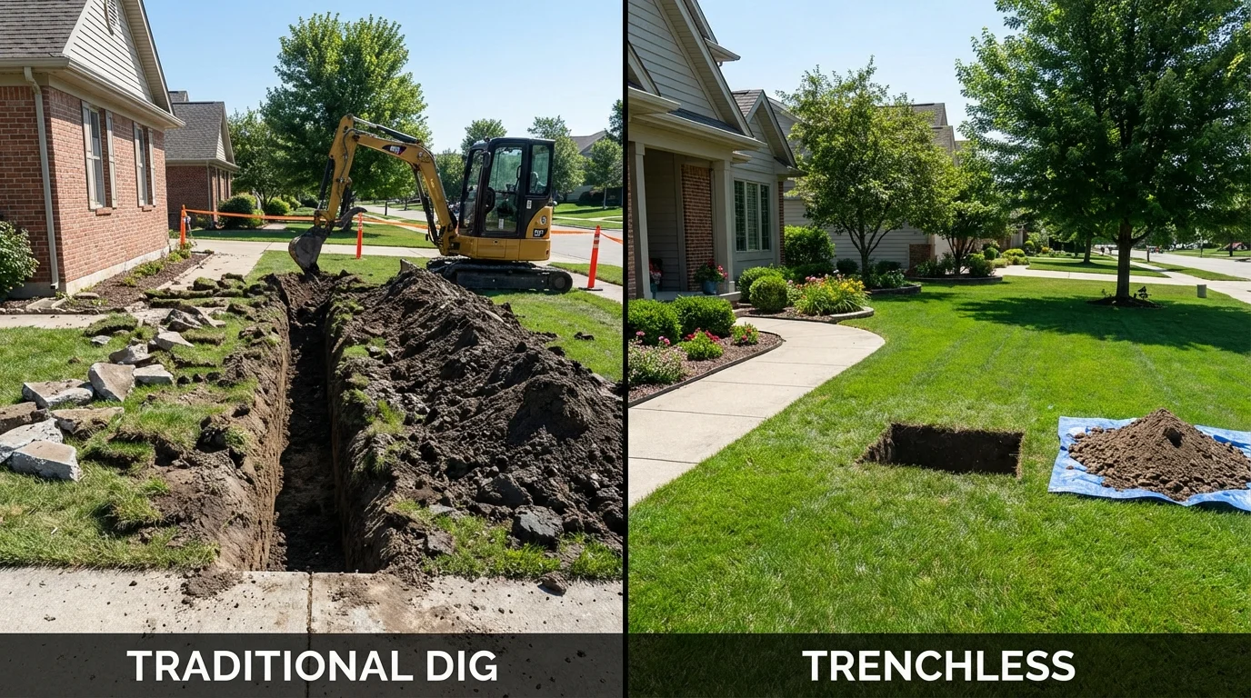 Trenchless sewer repair with minimal yard damage versus traditional excavation in Pascoag, RI