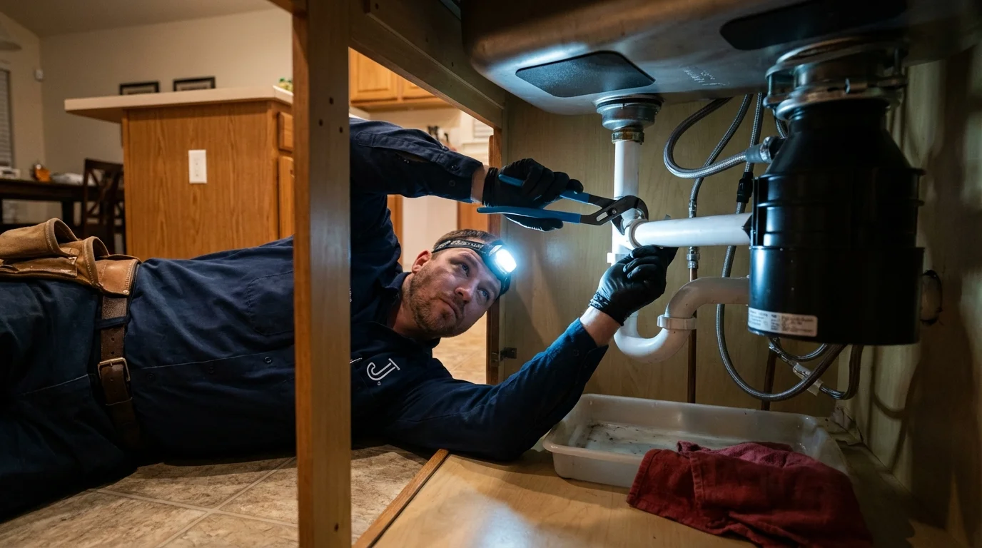 P-trap and supply line connections under a kitchen sink showing a common leak point in Pascoag, RI